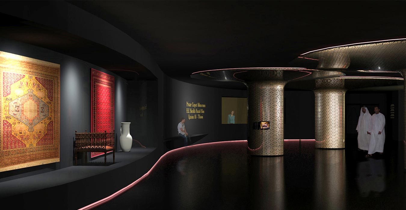 Fluid dark walls hold the exhibition cases.