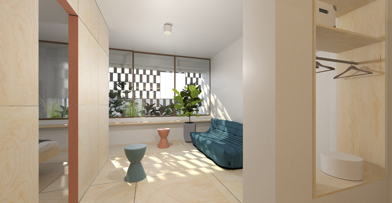 Some of the partition in this apartment is from maple plywood 