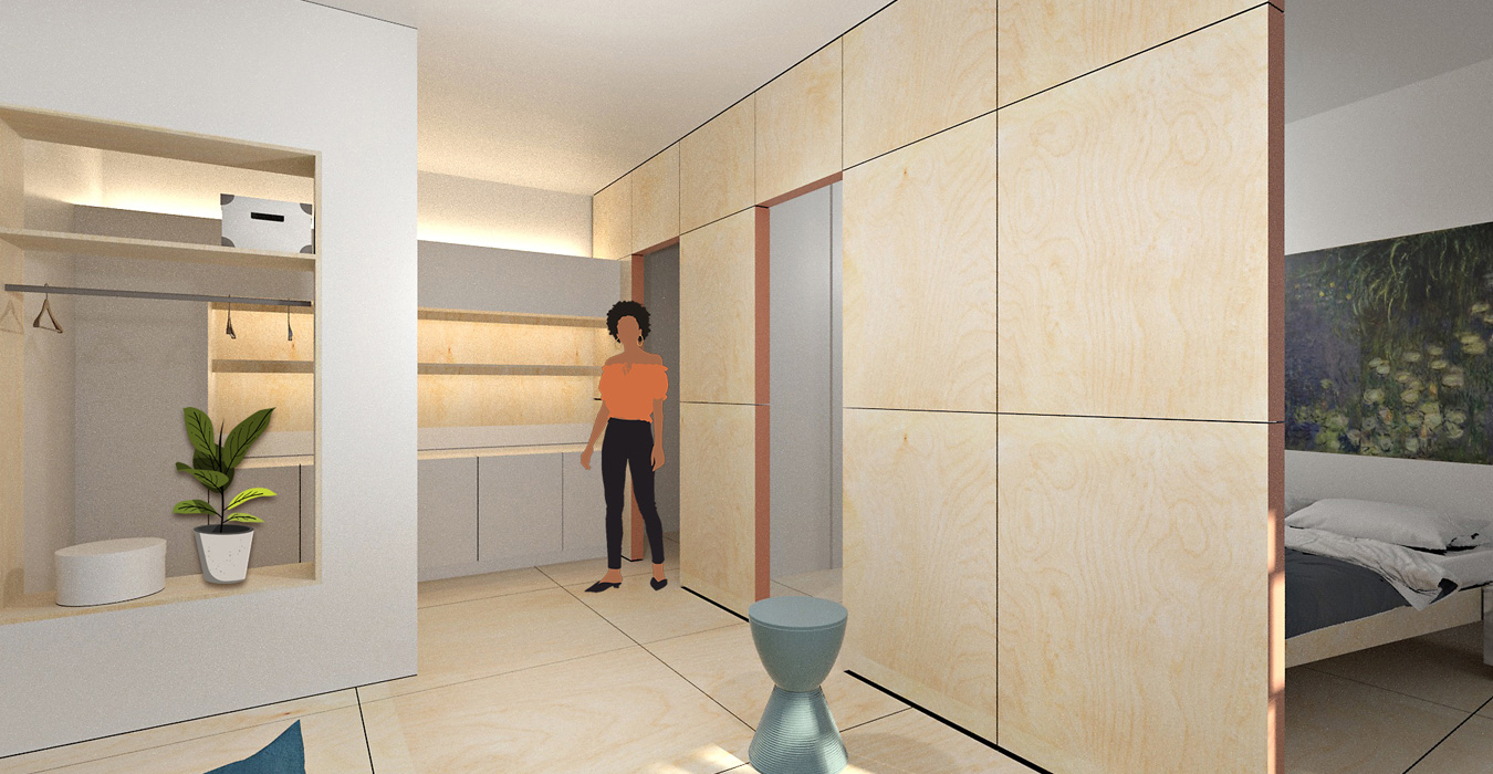 Open floor plan showing the kitchen and the bedroom