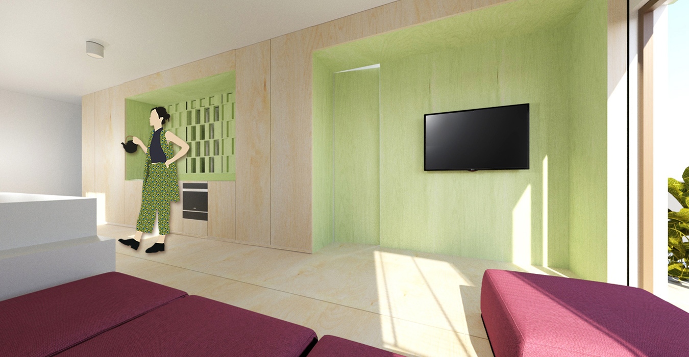 Large plywood boards cover horizontal and vertical surfaces