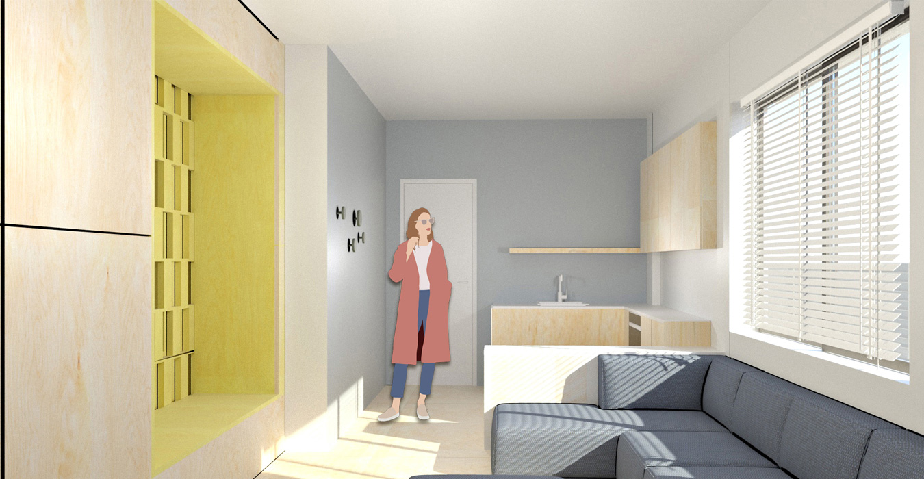 Yellow water-based wood paint is applied in the shaft partition