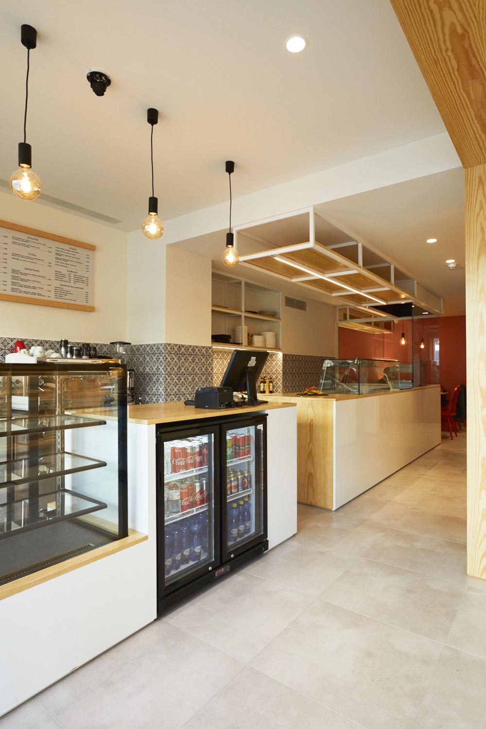 Brunch shop interior, view of the wooden checkout structure