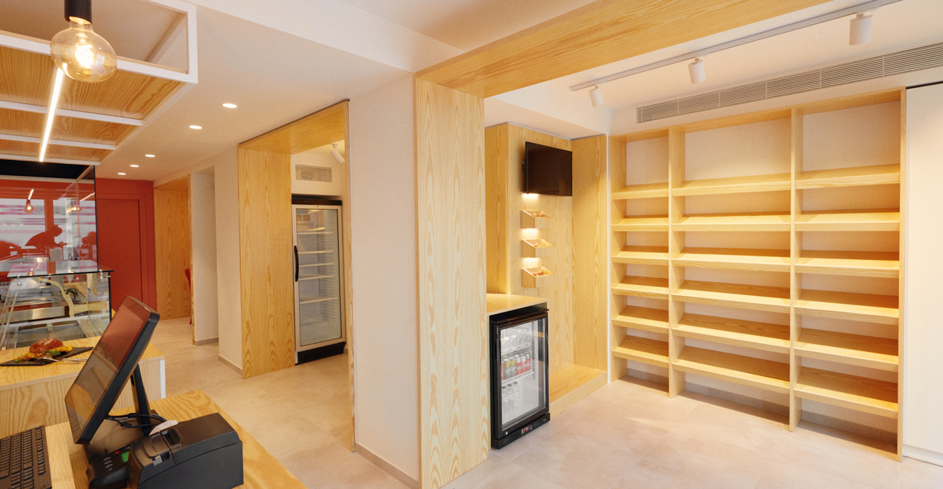 Brunch shop interior, view of the retail area with floor-to-ceiling structures, in form of gates.