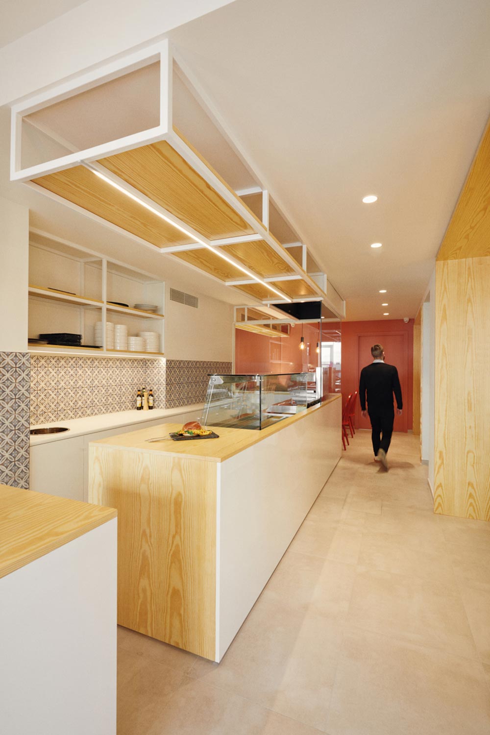 Brunch shop interior, view of the corridor that separates the retail area from the check out counter.