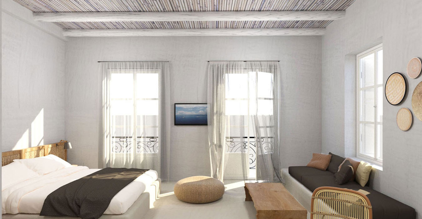 Built-in bed and sofa in this summer interior. 