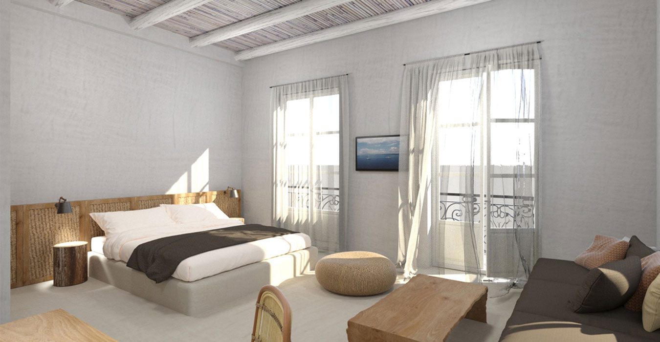 Wicker details, beige cement surfaces and rough wood furniture dress the interior.