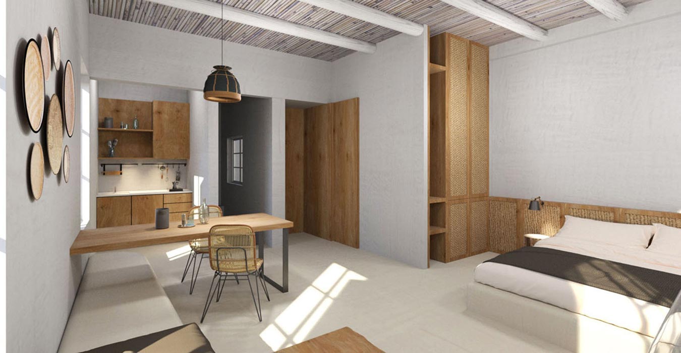 Interior ceiling with painted real reed surfaces and wood beams.