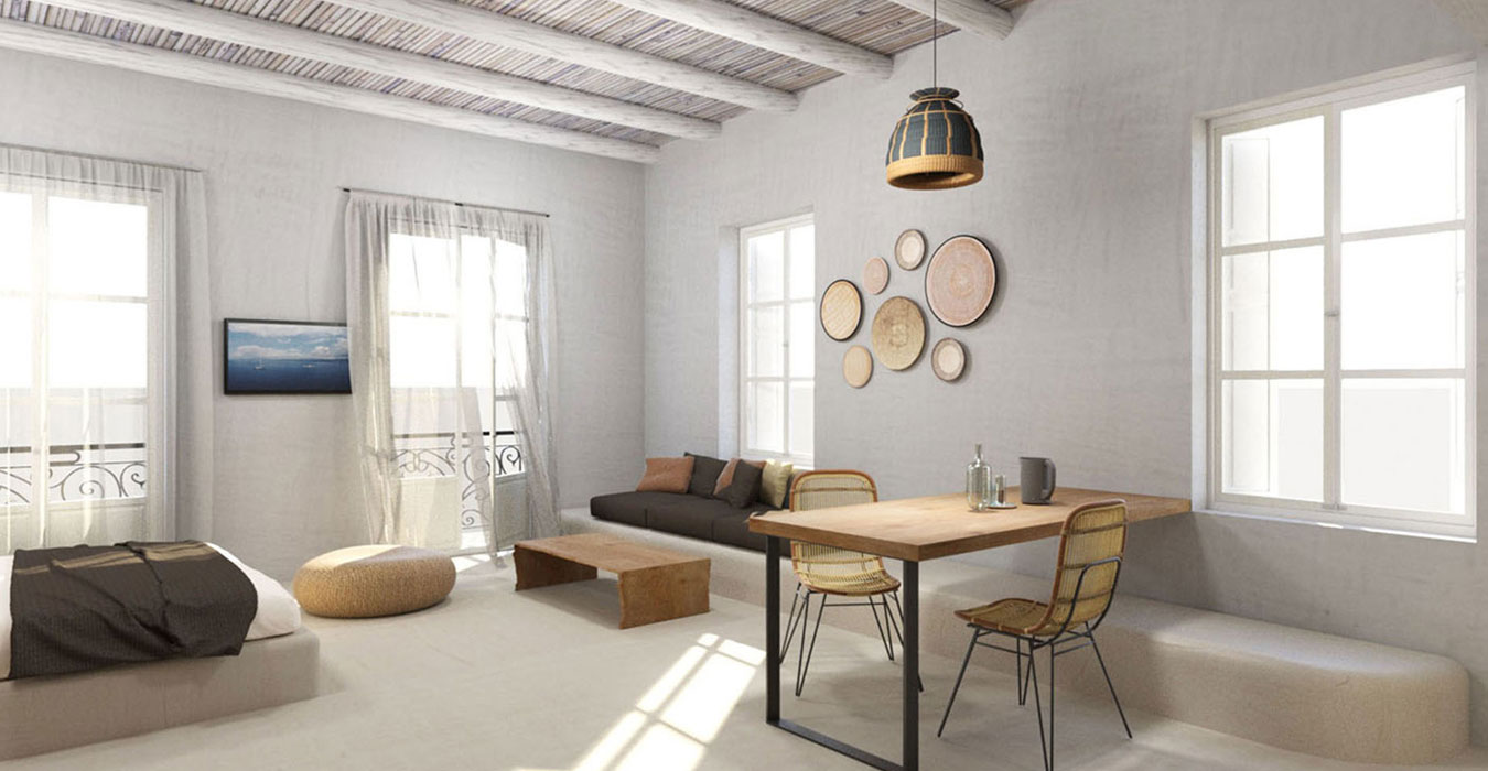 Key materials for the refurbishment of the space are cement, wicker, rough wood and natural fabrics.