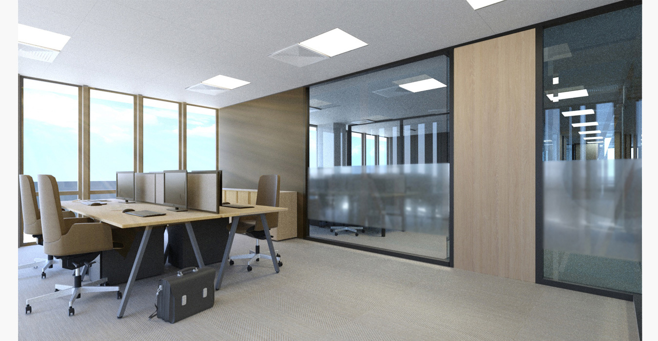 Office interior with four working stations.