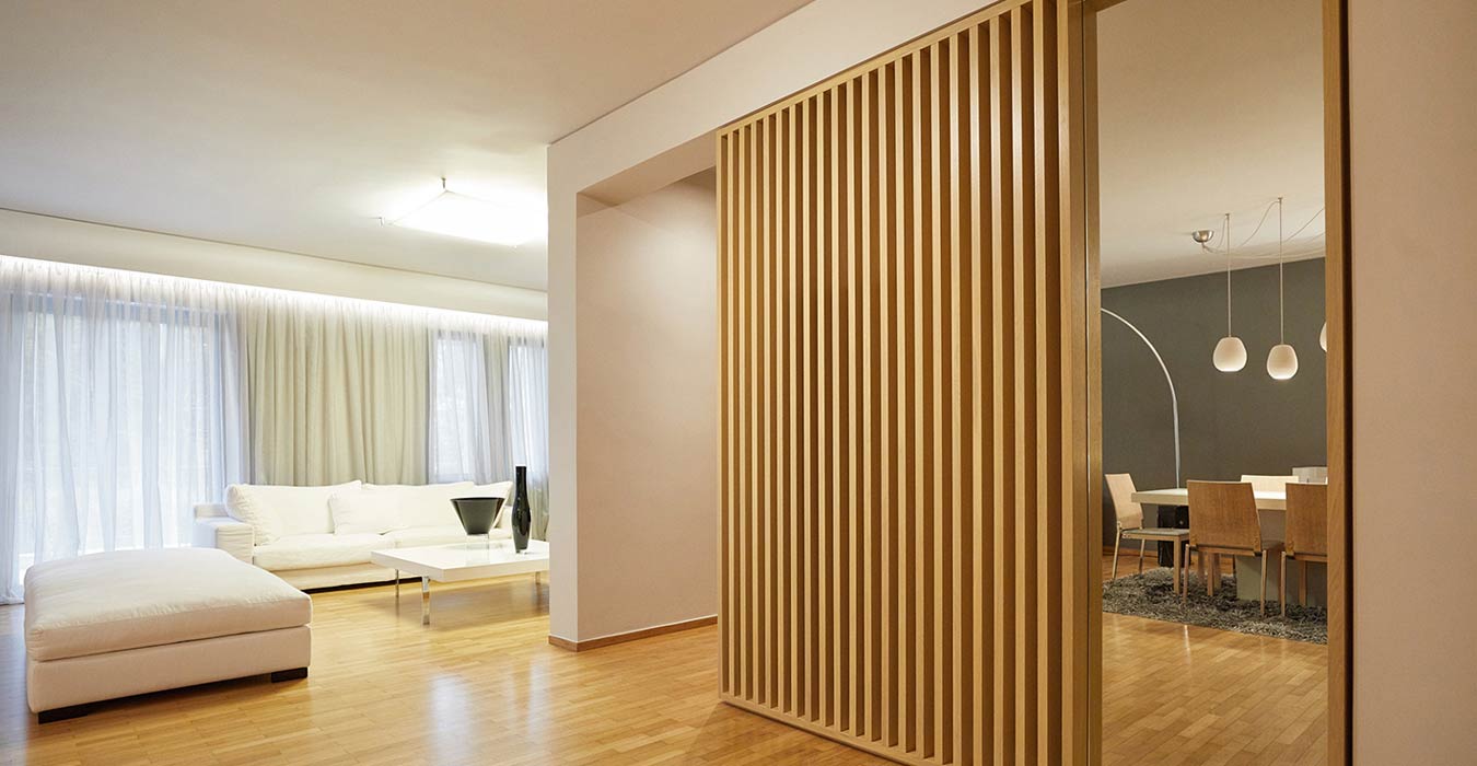 Modern wooden structure in a living room.