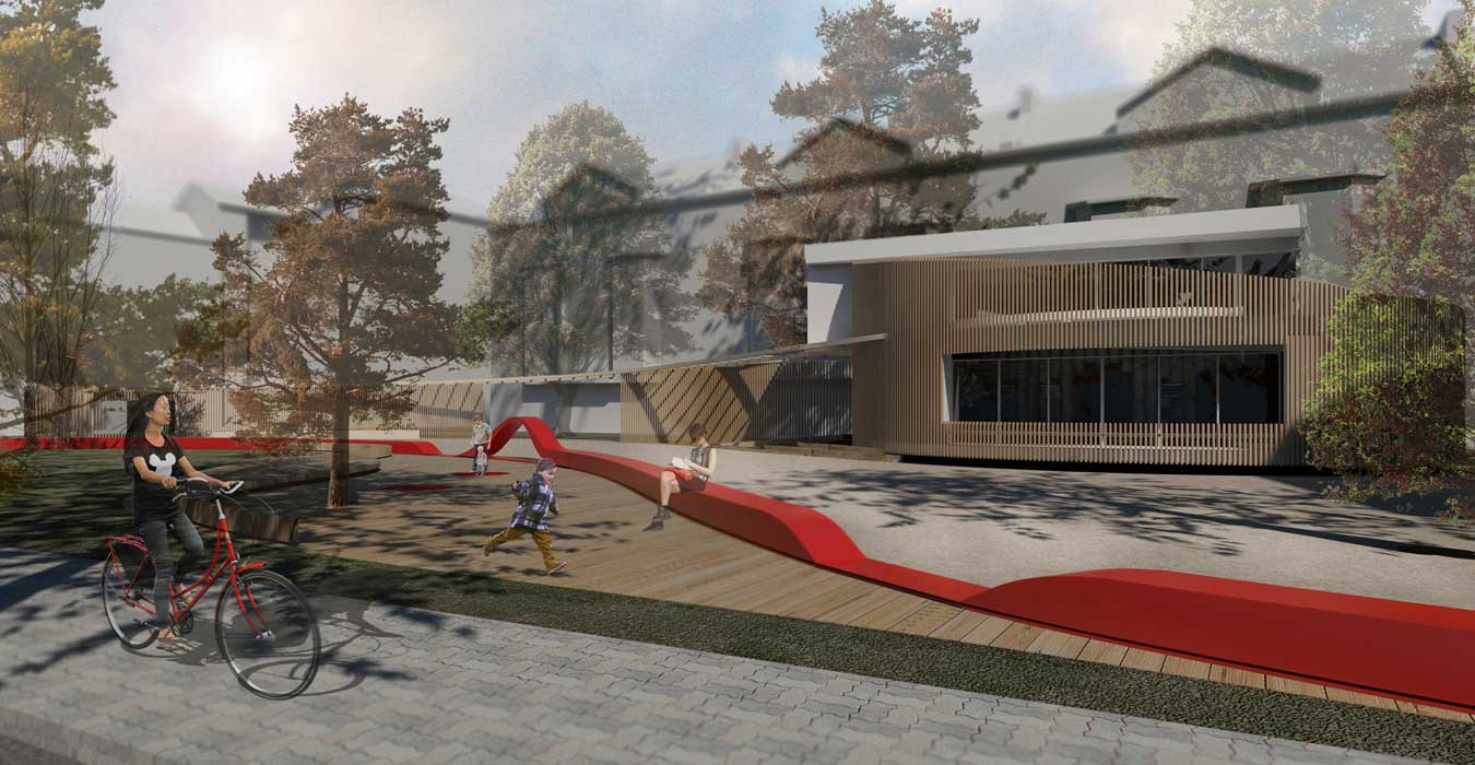 3d visualization presenting a parks’ overview with a red ribbon structure.3d visualization presenting a parks’ overview with a red ribbon structure.