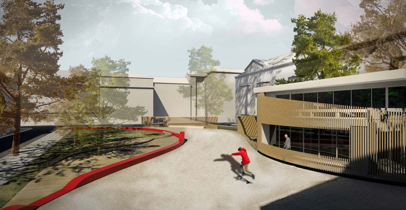 3d visualization presenting a parks’ overview with a red ribbon structure.