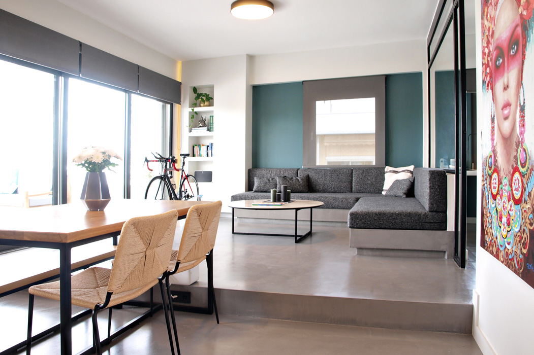 Open space living room and kitchen interior design.