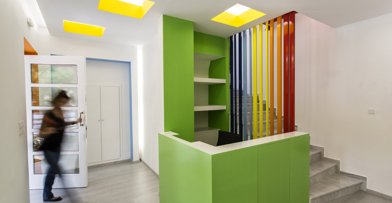 Vivid colors are applied both in space elements and furniture